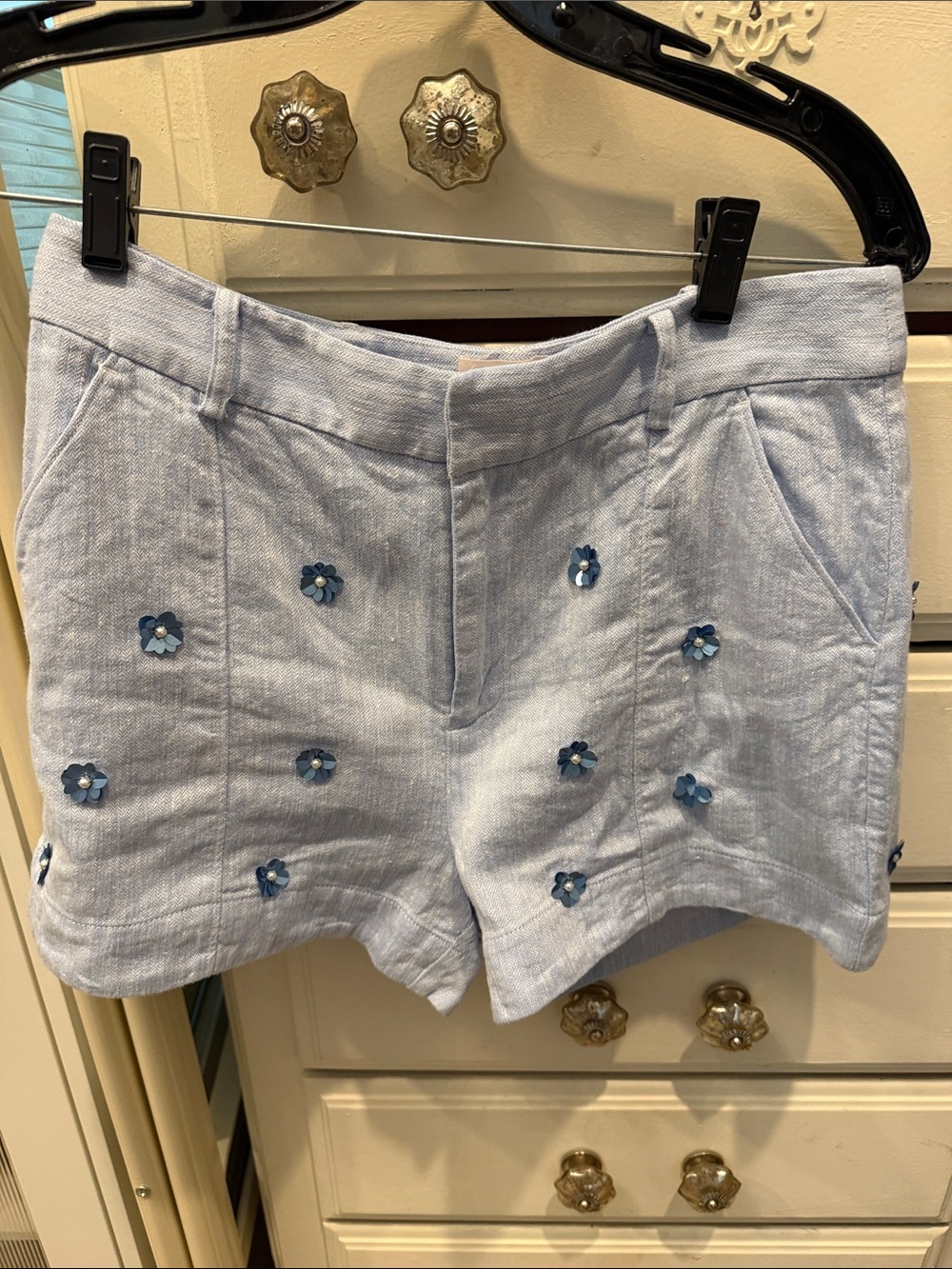 cinq a sept Pale Blue Embroidered High-Waist Linen Shorts